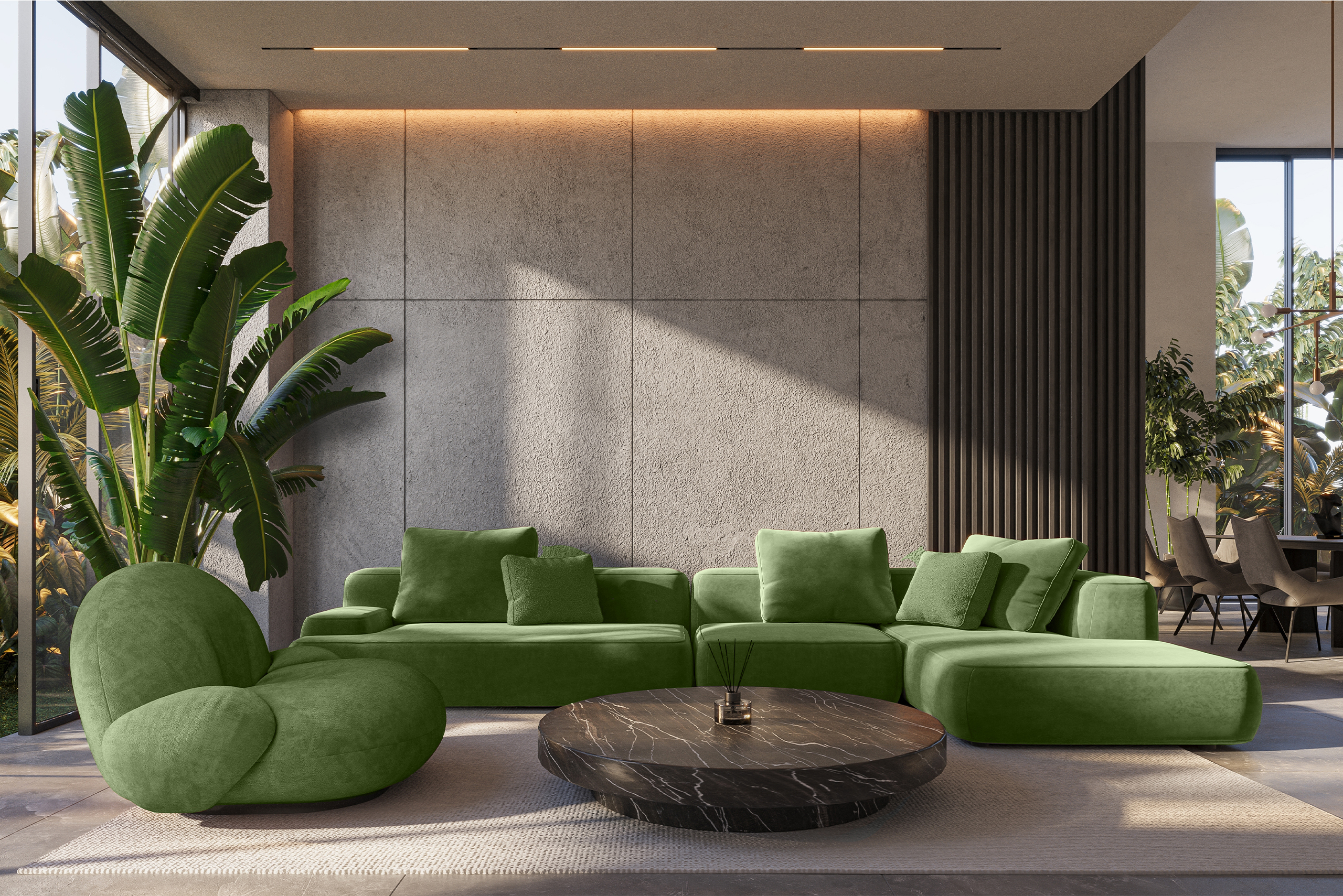 Modern living room in grey, green designer furniture, and tall indoor plants