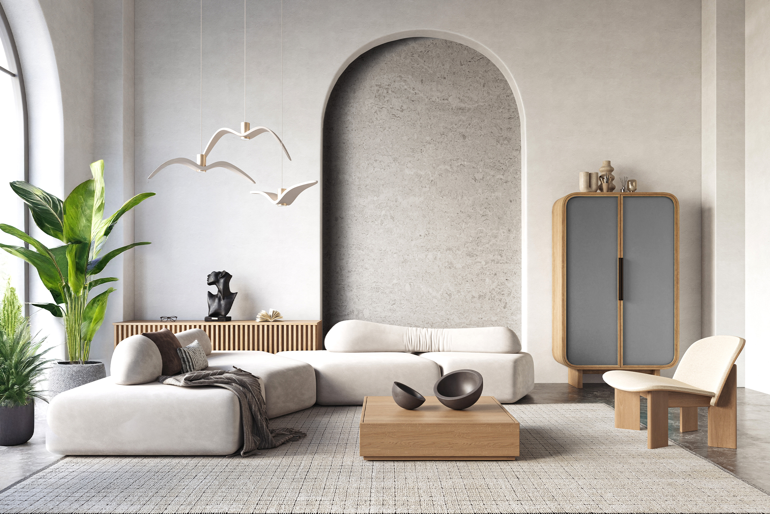 Stylish living room with a soft arched niche and light 3D wall decor behind a neutral sofa and modern cabinet