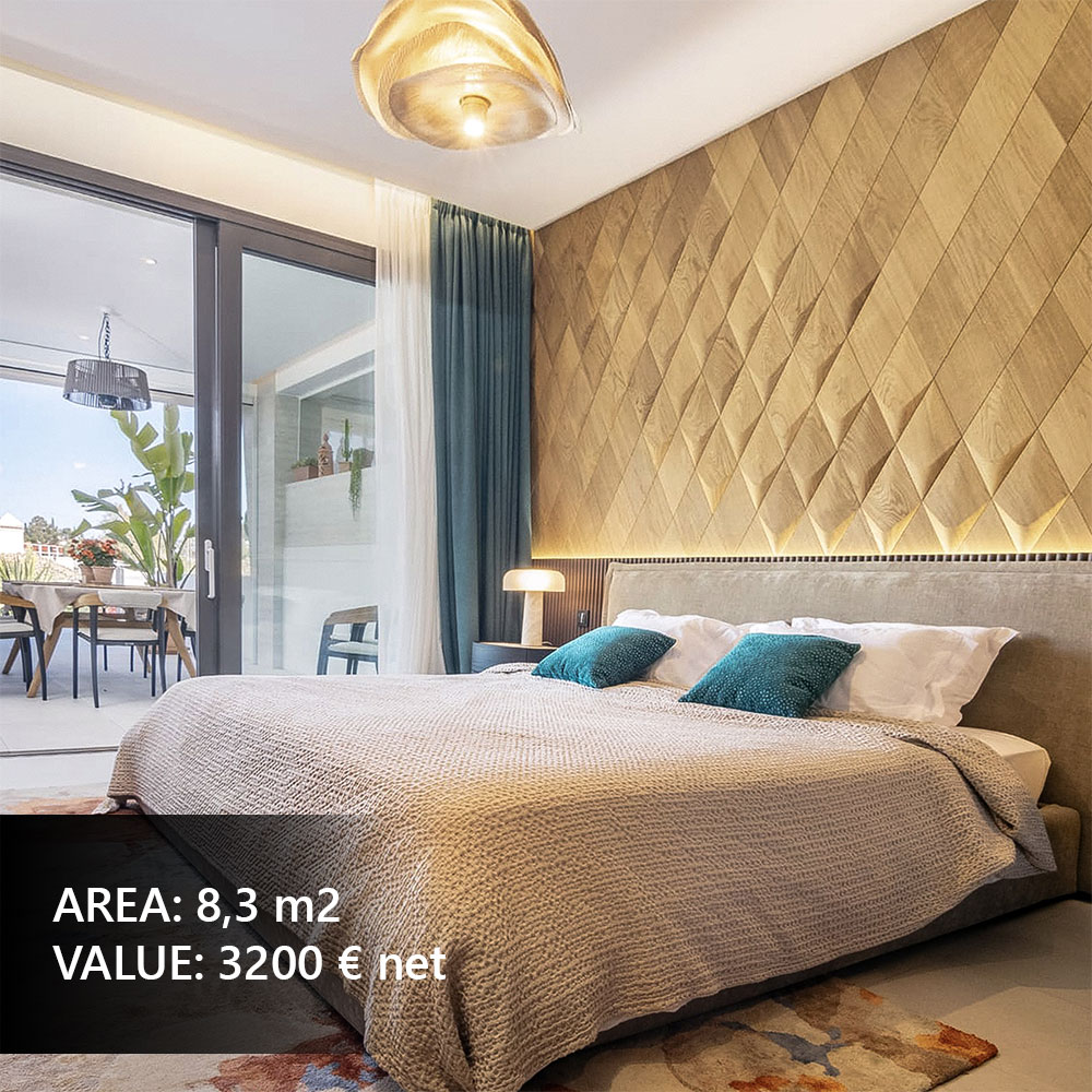 Modern living room fireplace wall decorated with geometric wooden panels.