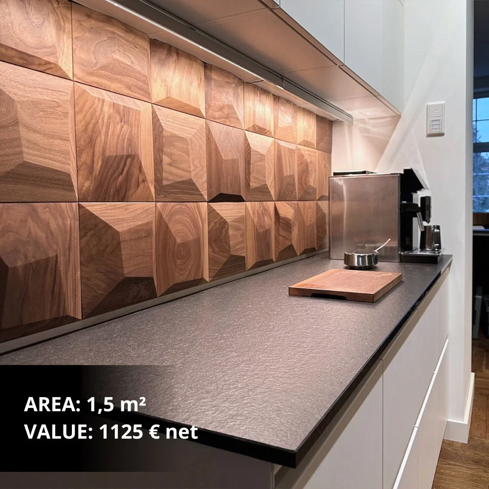 3D wooden wall panels in a geometric square pattern in a modern living room
