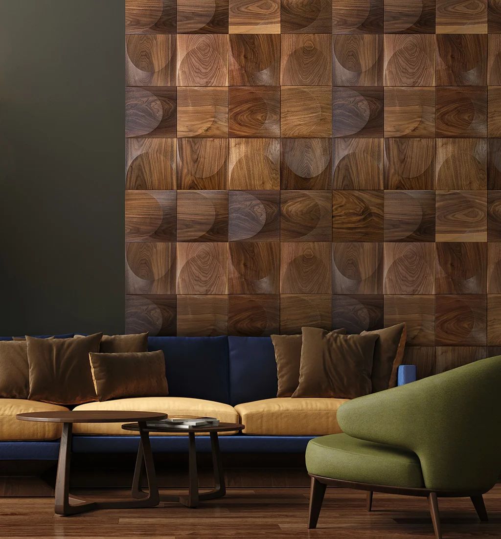 Luxurious living room featuring a decorative wall of three-dimensional walnut wood panels with a repeating semi-circle pattern.