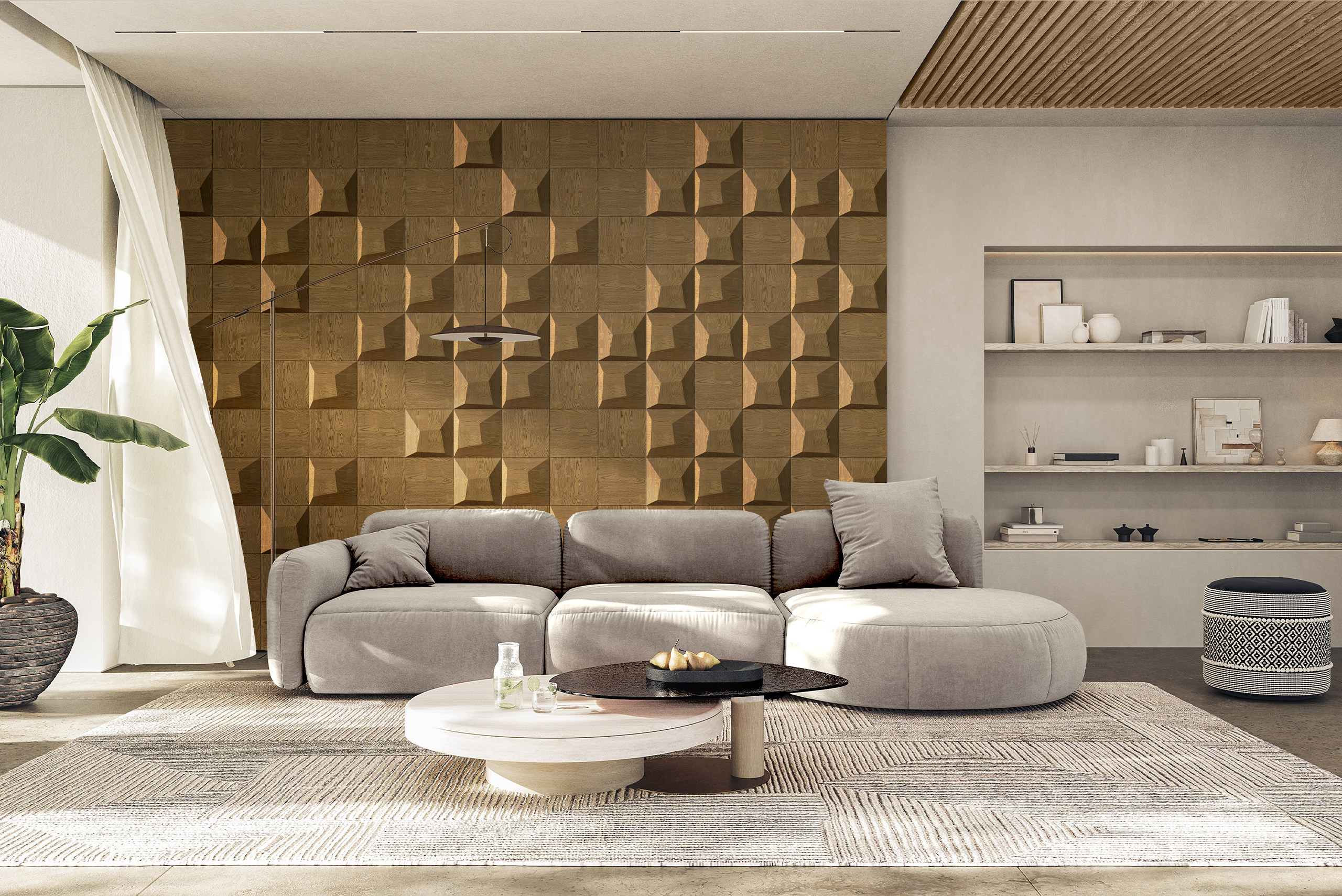 Modern living room with beige furniture and a striking 3D wooden wall panel adding depth and texture to the interior.