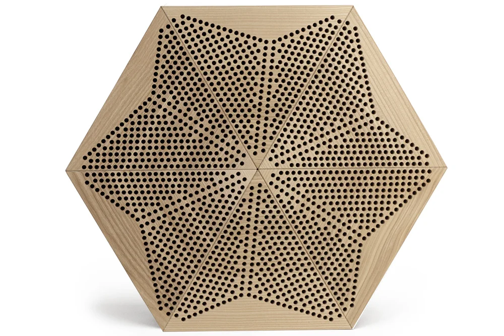 Ash acoustic wall panel with geometric wood pattern