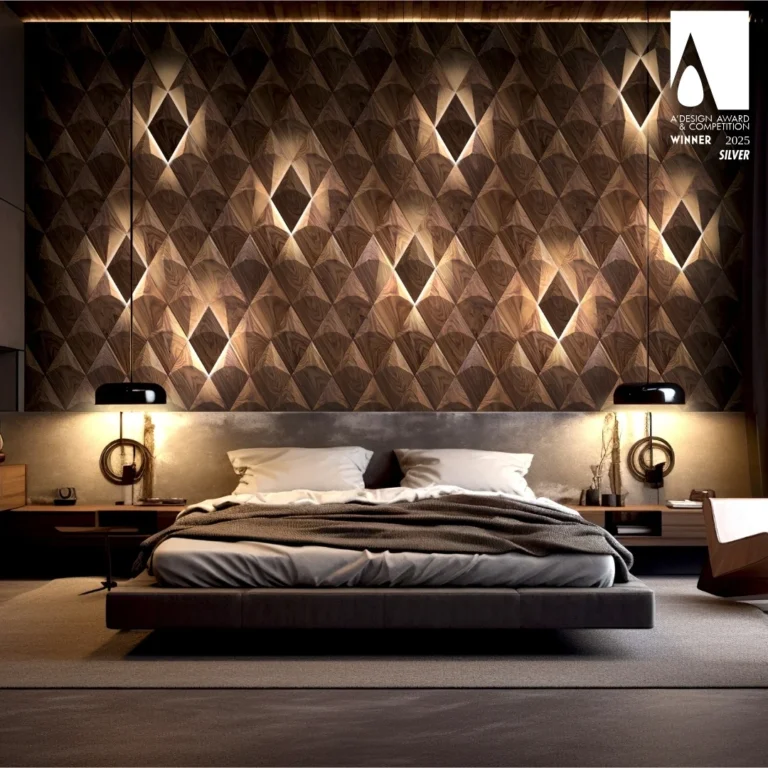 Bedroom with dark wooden wall panels and ambient lighting