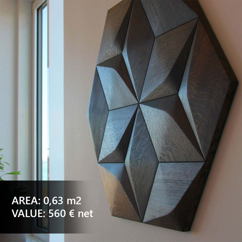 Geometric wall panels in a designer hallway