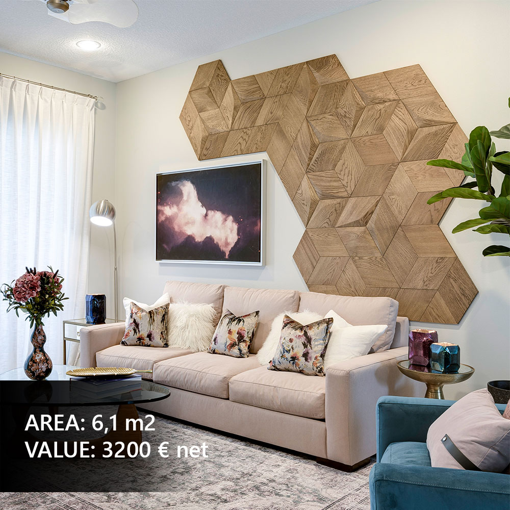 Geometric wall panels in a designer hallway
