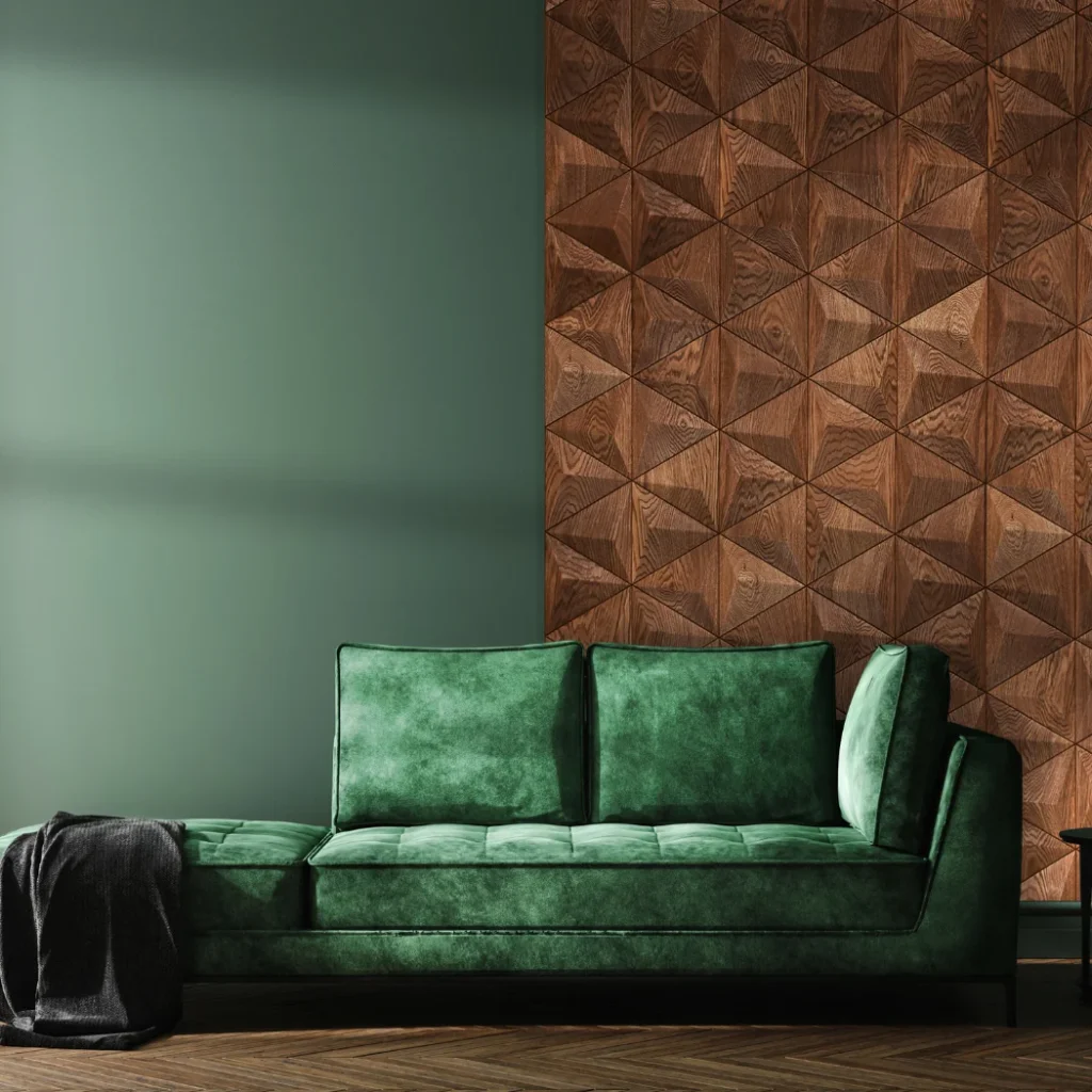 Dark textured wood wall paneling behind green sofa in modern living space