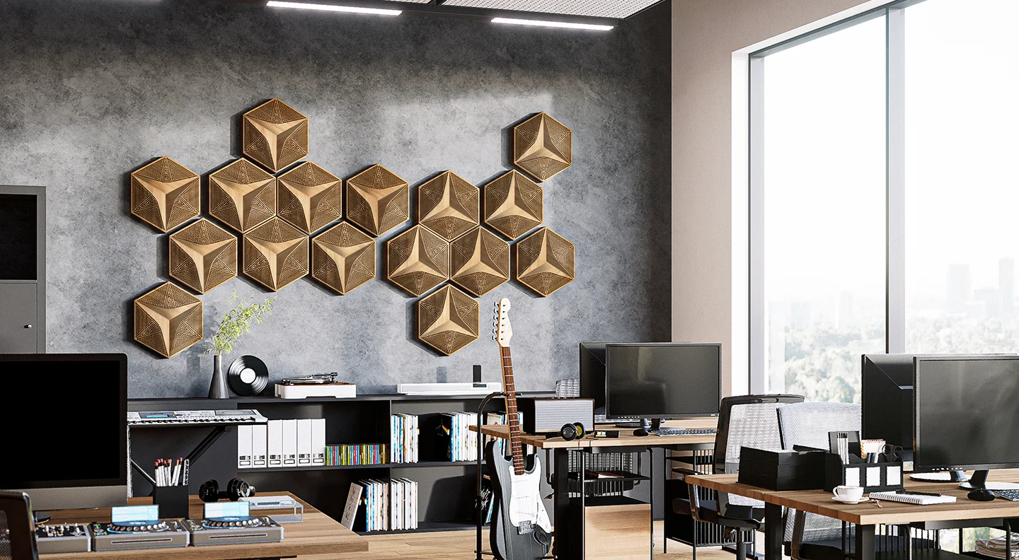 Tấm tiêu âm bằng gỗ HEXAGO trong một văn phòng hiện đại