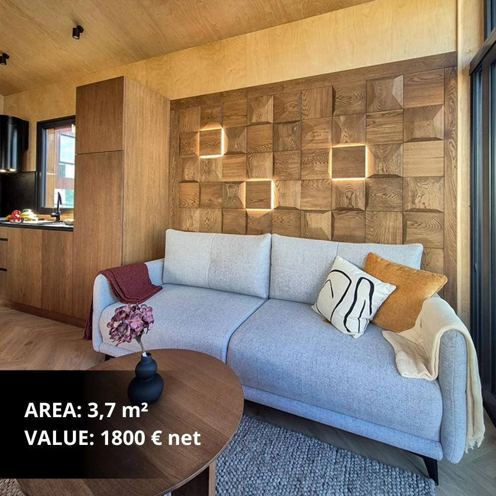 3D wooden wall panels in a geometric square pattern in a modern living room