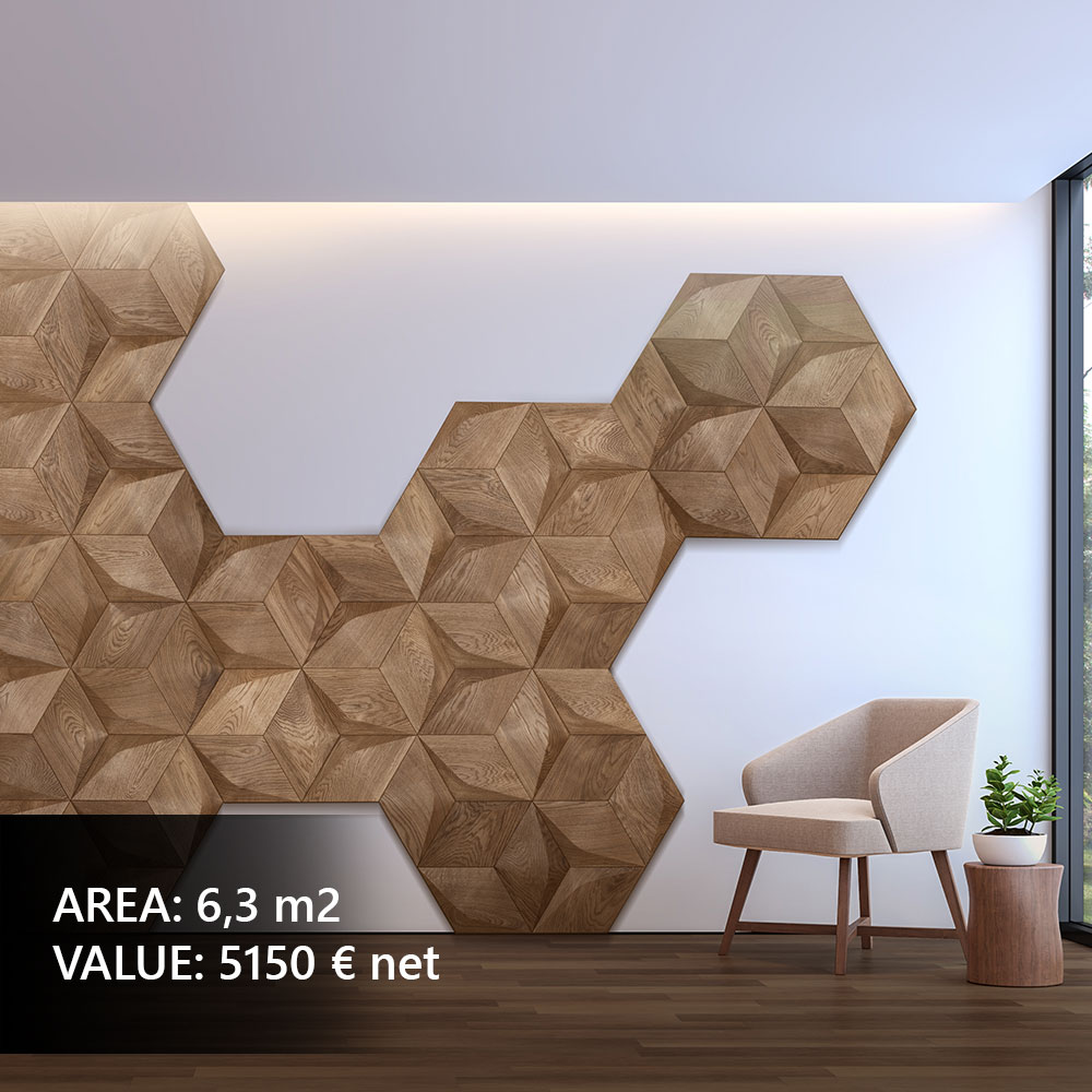 Geometric wall panels in a designer hallway