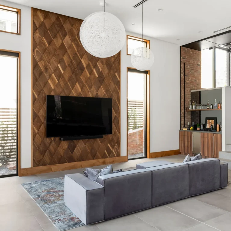 Bright living room with TV wall made of oak decorative wall panels