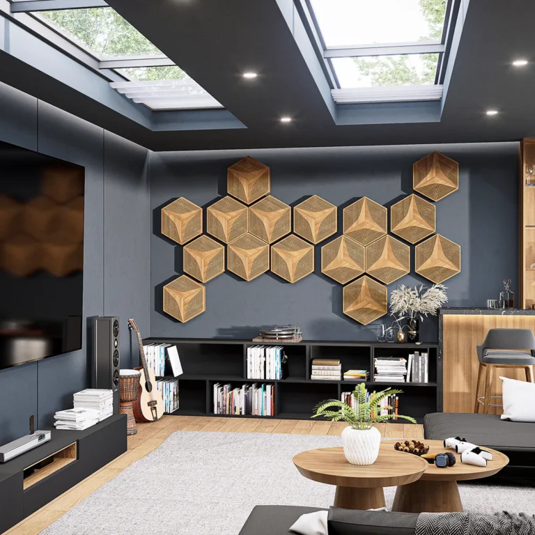 Modern living room with acoustic wood wall panels as decor and sound treatment