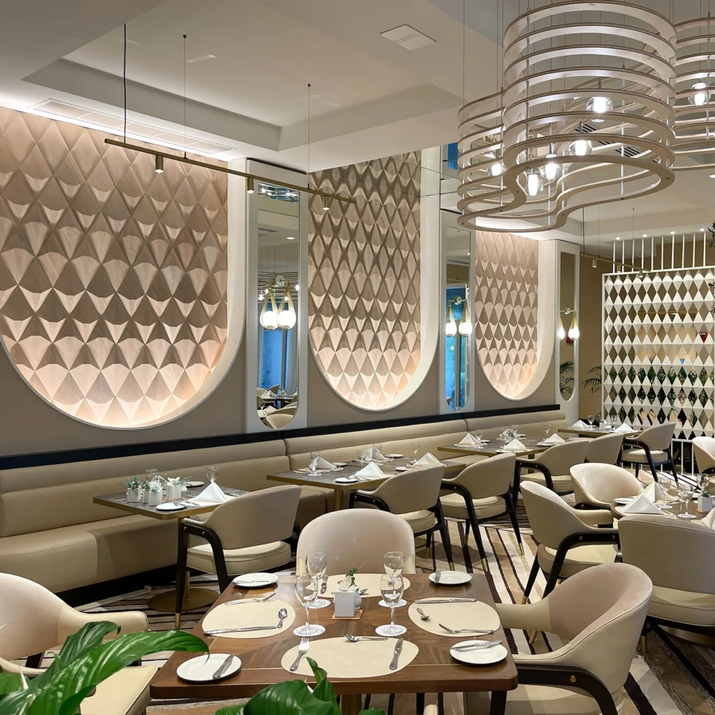Elegant restaurant interior with decorative 3D wood wall panels