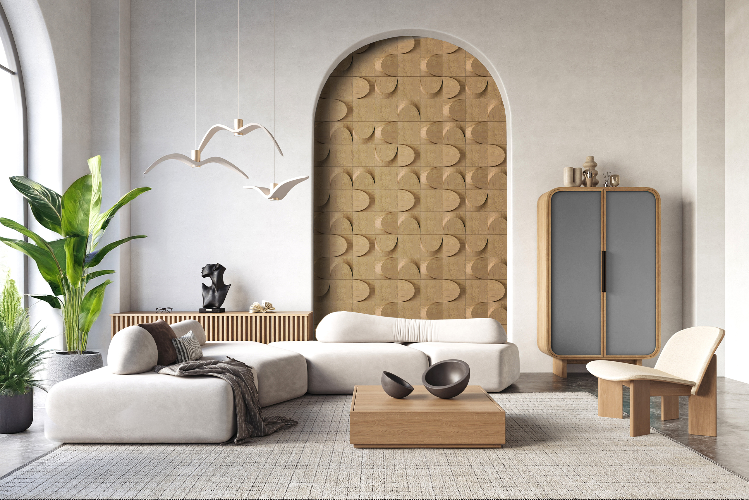 Elegant interior with a wooden wall accent panel inside an arched niche, complementing neutral furniture and green plants
