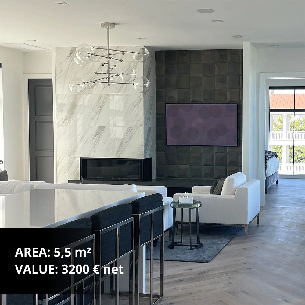 3D wooden wall panels in a geometric square pattern in a modern living room
