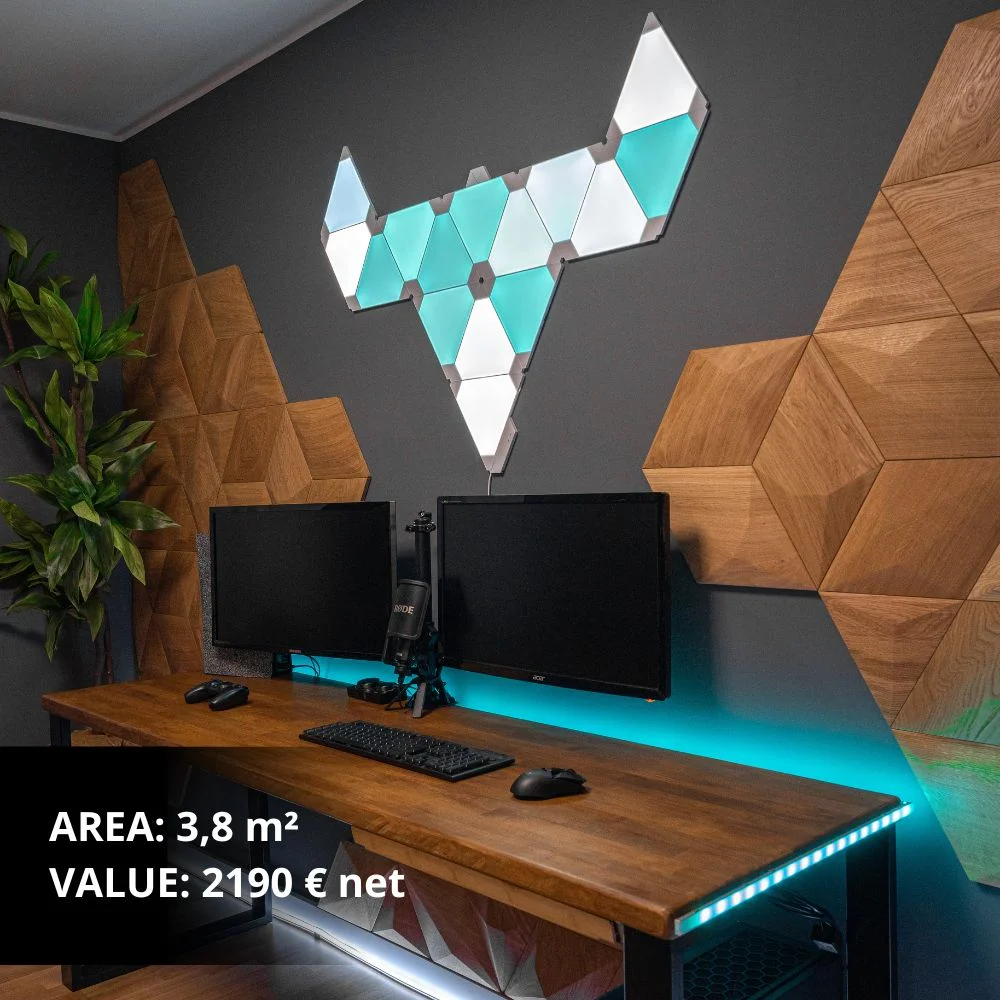 Modern living room with geometric wooden wall panel as a decorative feature behind a dining table.