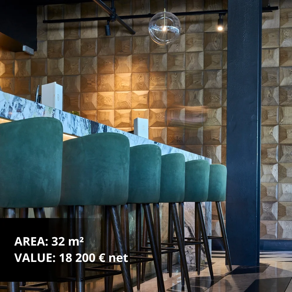 3D wooden wall panels in a geometric square pattern in a modern living room