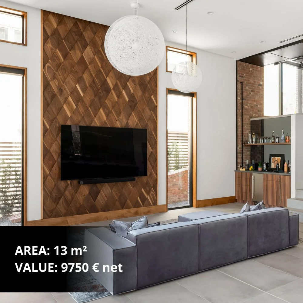 Modern living room with geometric wooden wall panel as a decorative feature behind a dining table.