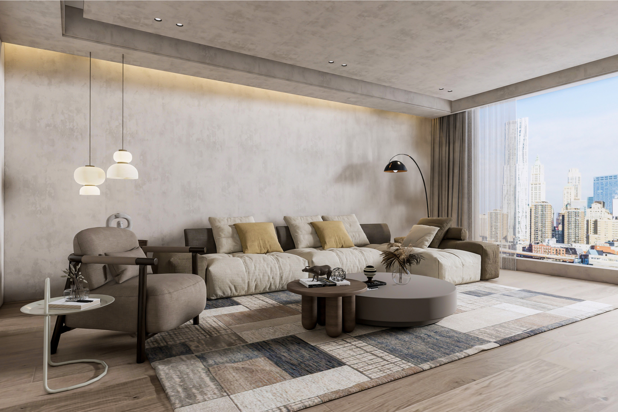 Elegant interior with minimalist wooden wall paneling behind a sofa in a spacious living room