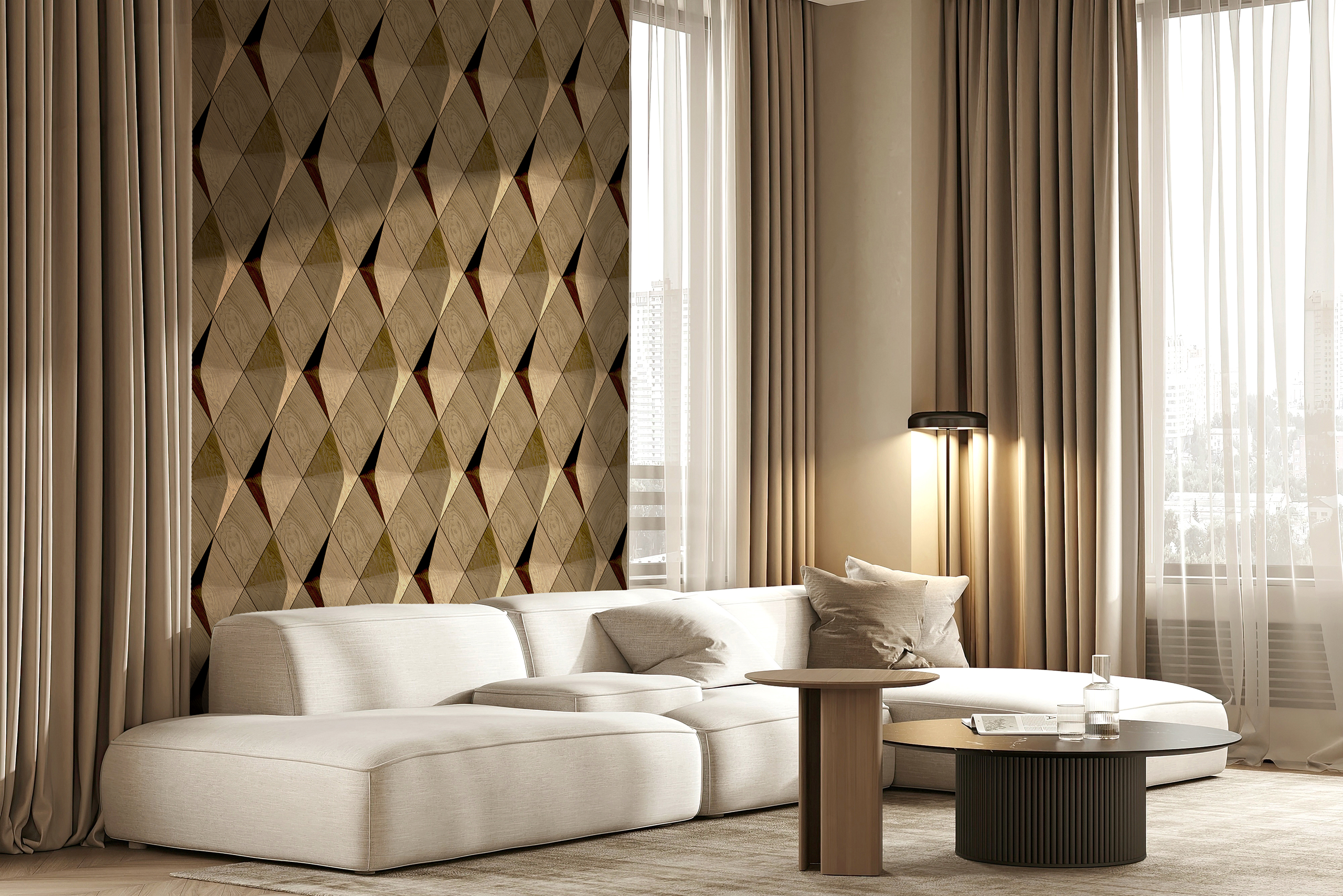 Luxurious living room with a 3D wood wall panel behind the bed in a wave-like pattern and warm ambient lighting