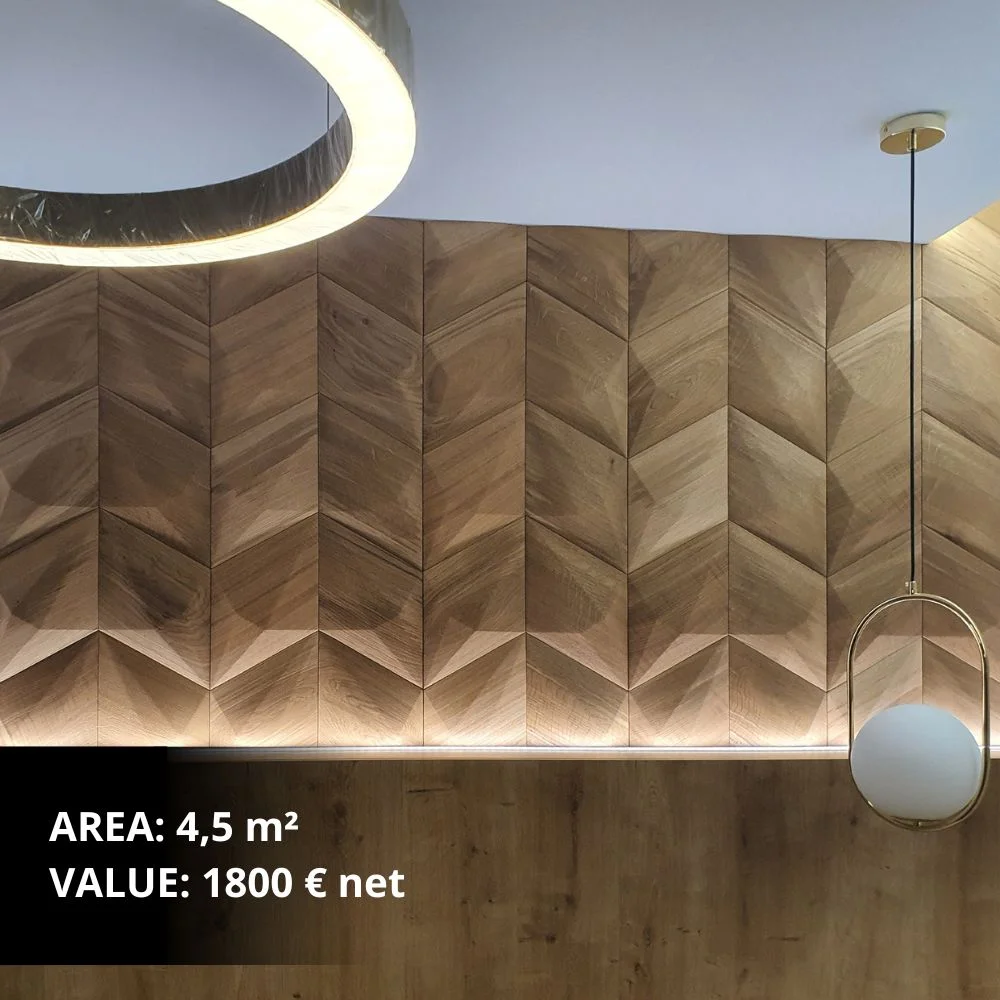Modern living room with geometric wooden wall panel as a decorative feature behind a dining table.