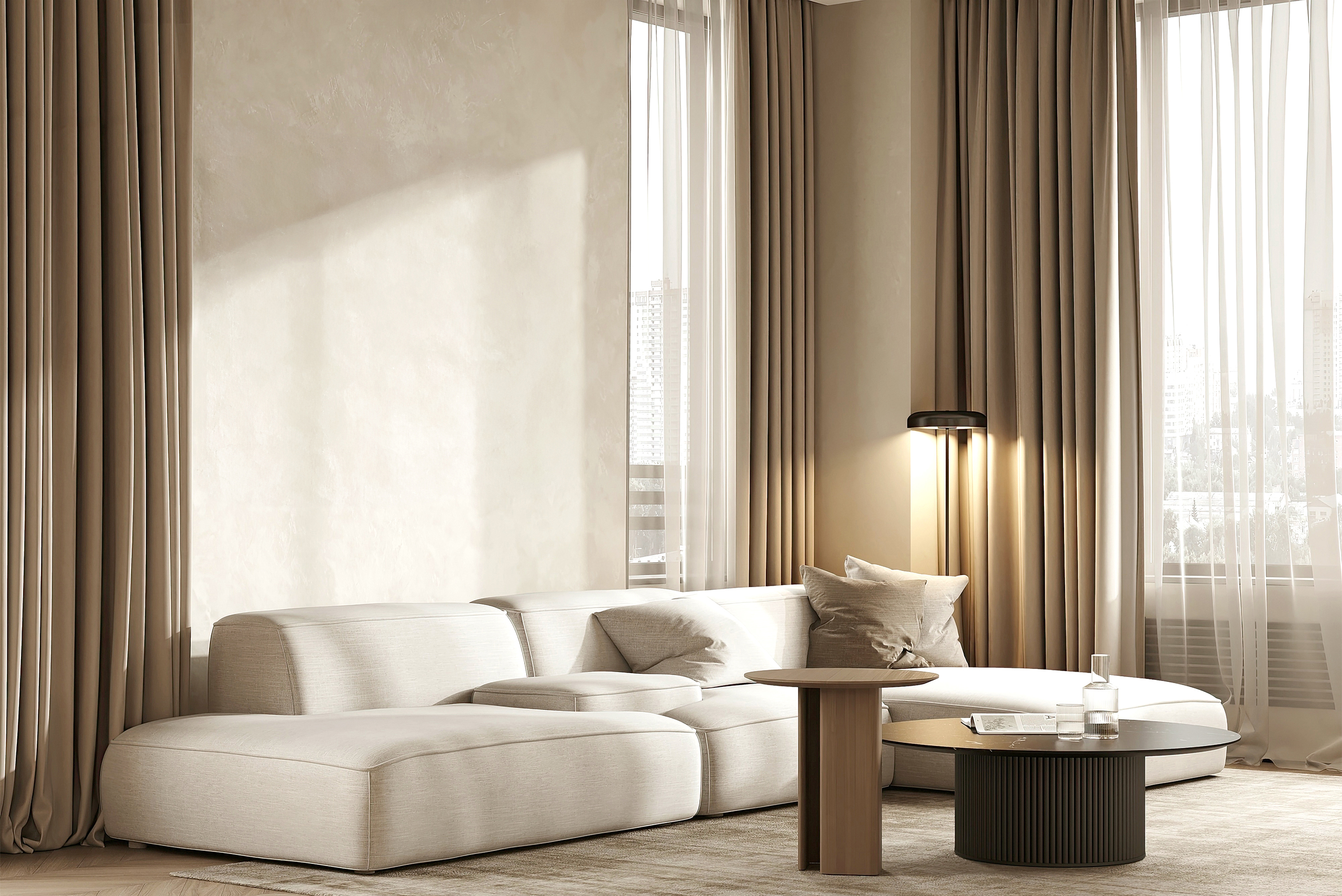 Luxurious living room with the bed in a wave-like pattern and warm ambient lighting