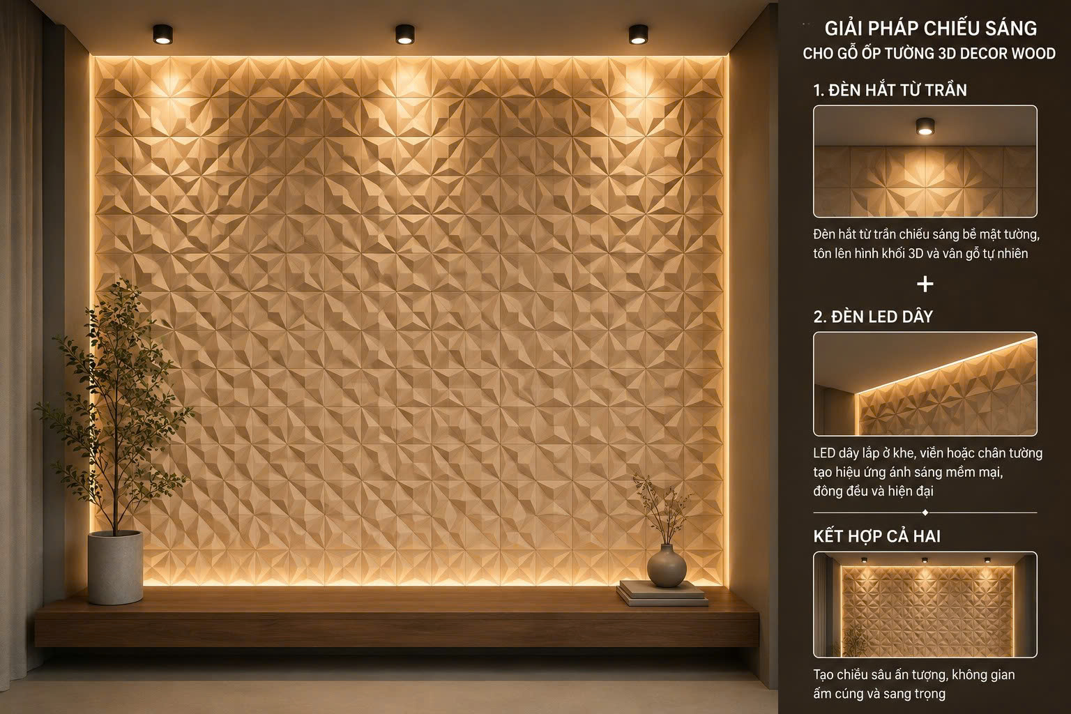Giải pháp chiếu sáng với đèn hắt trần và đèn LED, tôn lên vẻ đẹp của gỗ ốp tường 3D và tạo chiều sâu cho không gian.
