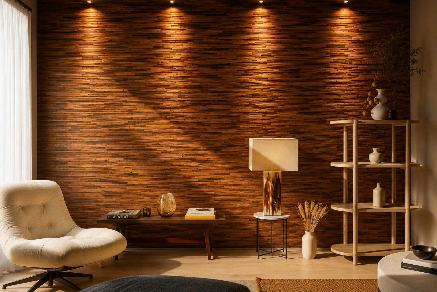 Arched wall design with square decorative wood wall panels