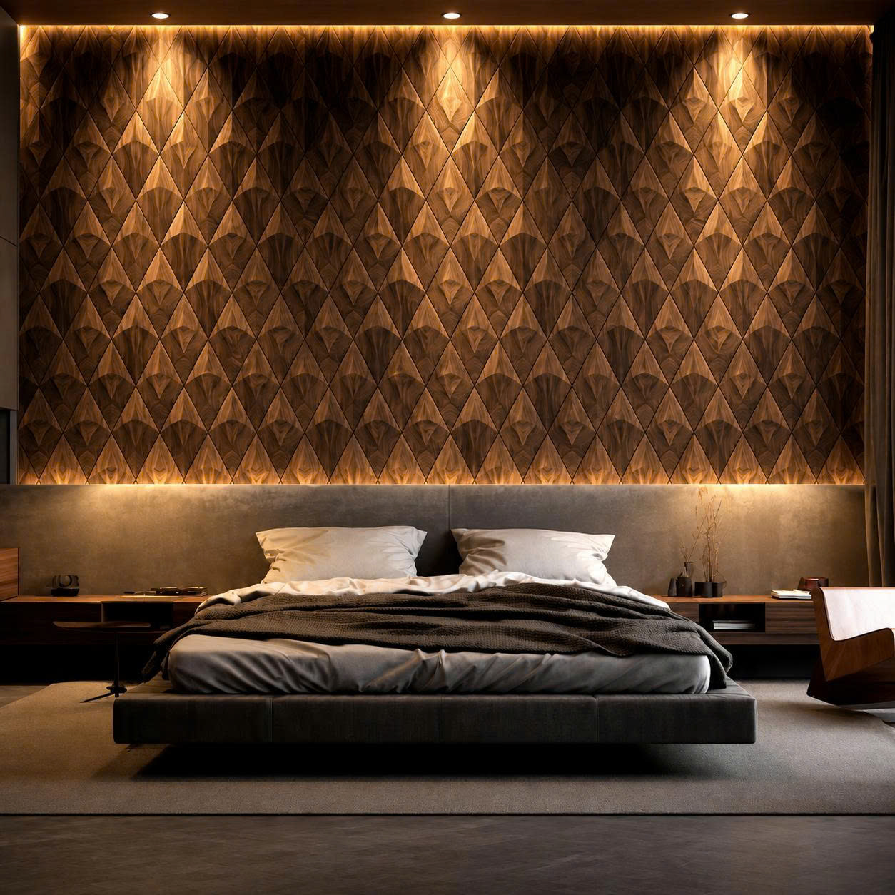 Wooden wall panel with lighting in a bedroom
