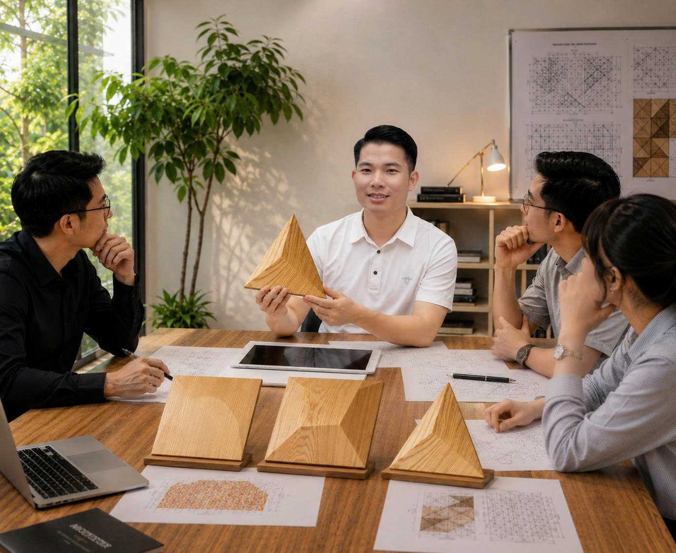 Design team presenting 3D oak acoustic Hexagon panels on a wooden table in a modern office environment.