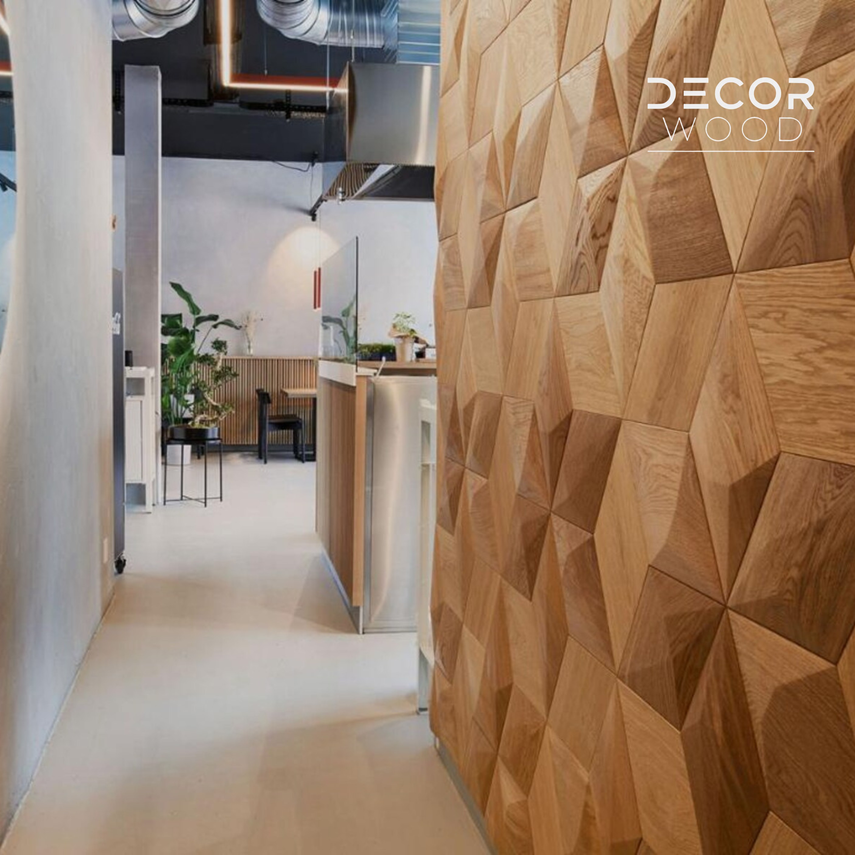 Modern living room fireplace wall decorated with geometric wooden panels.
