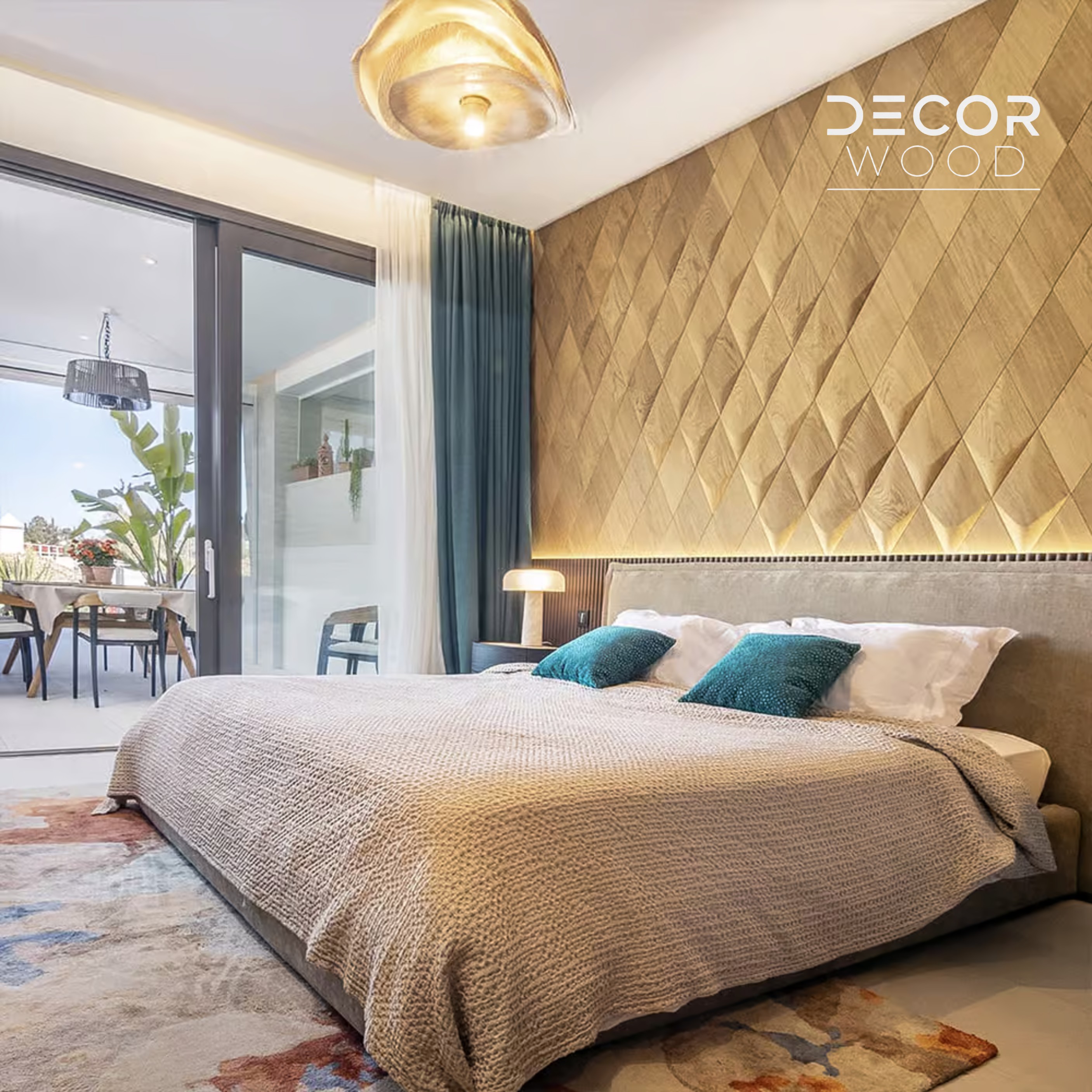 Modern living room fireplace wall decorated with geometric wooden panels.