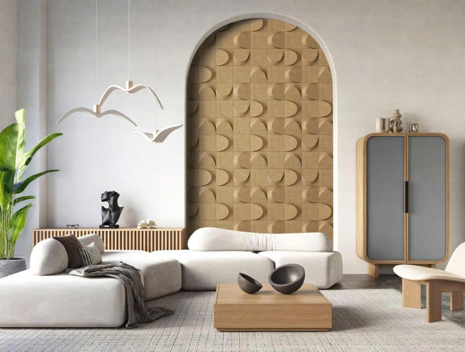 Elegant interior with a wooden wall accent panel inside an arched niche, complementing neutral furniture and green plants
